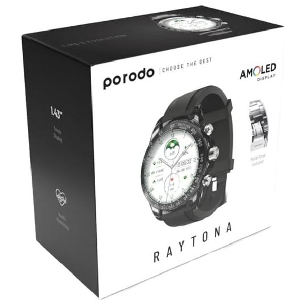 ساعة ذكية بورودو RAYTONA  - بحزام من السيليكون والمعدن - شاشة اموليد مقاس 1.43 انج - بطارية ليثيوم بوليمر - أسود