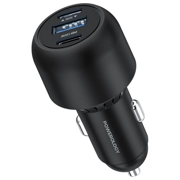  Powerology - Car Charger - 130W - Dual-Port  with Dash Charging - Aluminum - Black 