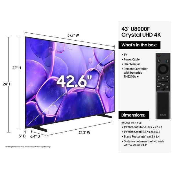 Samsung UA43U8000FUX - 43 inches - Crystal UHD 4K - Tizen Smart TV OS - Black