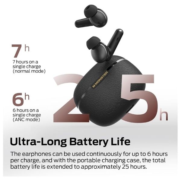 Monster Clarity 200 ANC Wireless Earbuds - Active Noise Cancellation (ANC) - Long Playtime Up to 25 hours of total listening time - Black