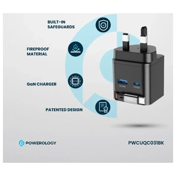 شاحن جداري باورولوجي - منفذ مزدوج - 65 واط - مع كيبل قابل للسحب - أسود