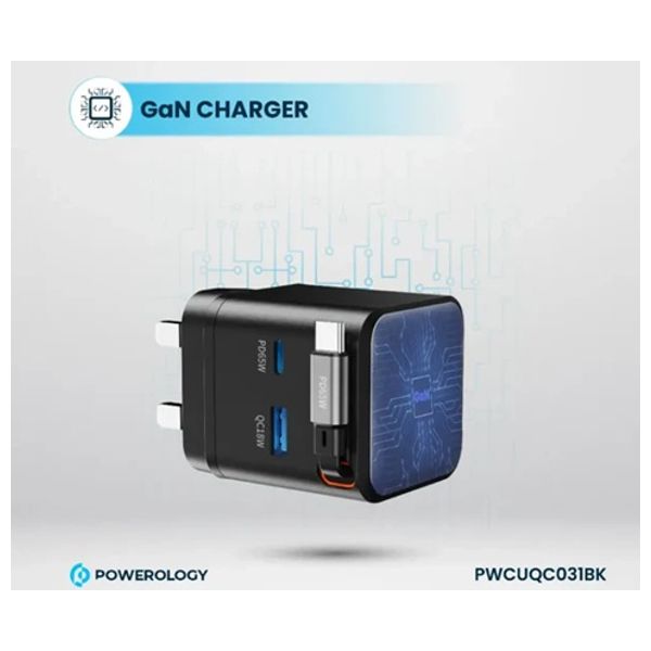 شاحن جداري باورولوجي - منفذ مزدوج - 65 واط - مع كيبل قابل للسحب - أسود