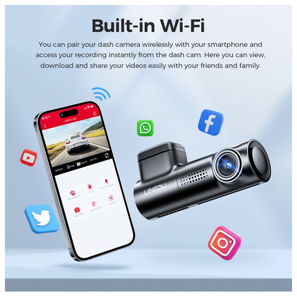 Lingdu D08 - Dash Cam - 1296P Resolution - Wi-Fi 6 built-in - Black