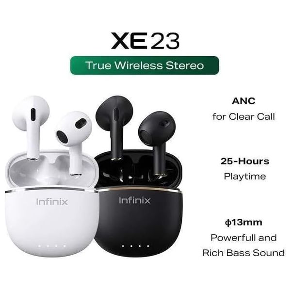 سماعات انفنكس داخل الاذن Earbuds XE23 - بلوتوث - مدة التشغيل ما يصل إلى 25 ساعة من اللعب مع علبة الشحن - ابيض