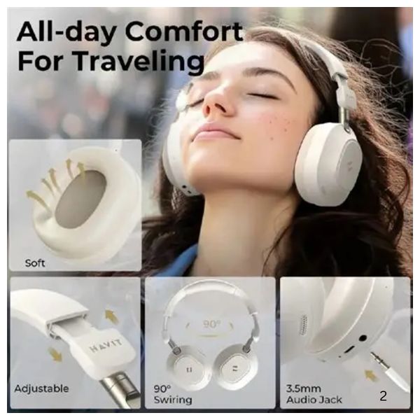 Havit H668BT - Bluetooth Headphone Over Ear - 50 hours Playback Time - Active Noise Cancellation -  Beige
