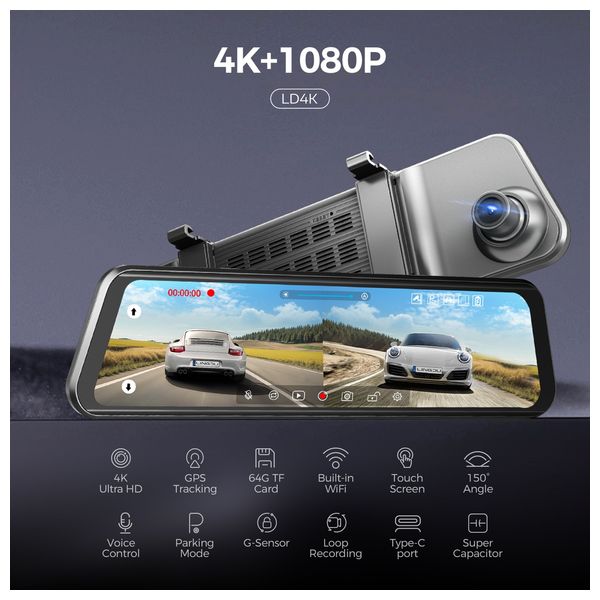 Lingdu LD4K - Dash Cam - 4K Resolution - built-in GPS & Wi-Fi - Black