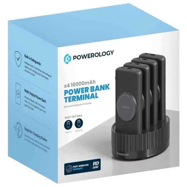  شاحن محمول باورولوجي - محطة 4 في 1 - 10000 مللي أمبير - 20 واط PD QC - لاسلكي، مع كيبل لايتنينج وتايب سي  مدمج - أسود 