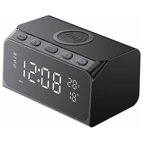  شاحن لاسلكي متعدد الوظائف هافيت W3041 - شحن لاسلكي سريع بقوة 15 واط مع ساعة رقمية وساعة منبه ومكبر صوت بلوتوث ومقياس حرارة وتقويم - أسود 