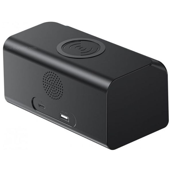  شاحن لاسلكي متعدد الوظائف هافيت W3041 - شحن لاسلكي سريع بقوة 15 واط مع ساعة رقمية وساعة منبه ومكبر صوت بلوتوث ومقياس حرارة وتقويم - أسود 