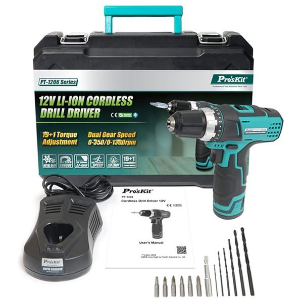  دريل لاسلكي بروسكيت - 12 فولت ليثيوم أيون - سرعة تروس مزدوجة - عزم دوران عالي - أسود 