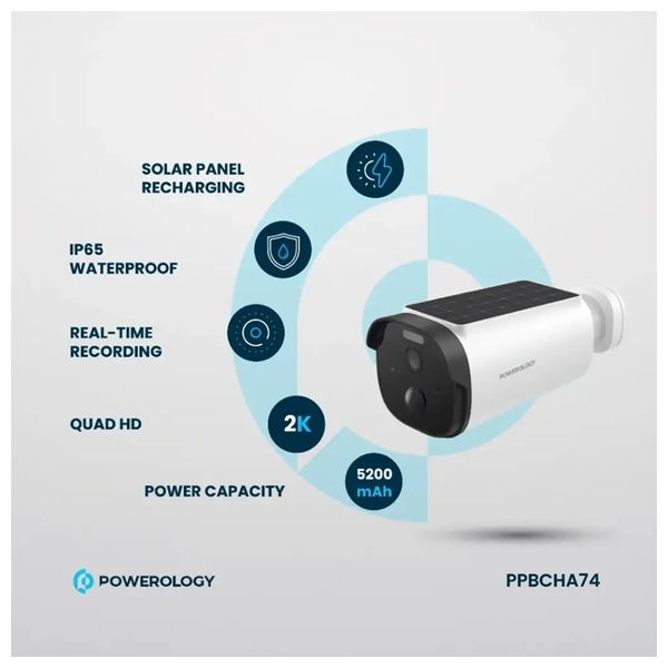  Powerology - Built-in Solar Outdoor Camera - IP65 Waterproof - 2K Quad HD Resolution - White 