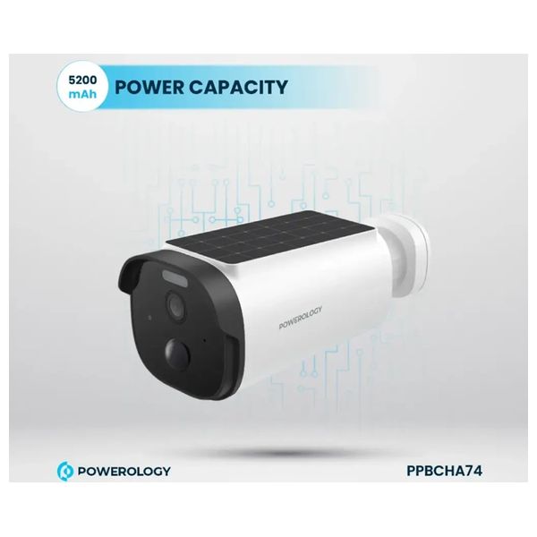  Powerology - Built-in Solar Outdoor Camera - IP65 Waterproof - 2K Quad HD Resolution - White 