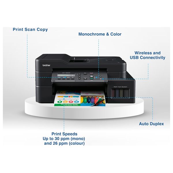 طابعة برذر DCP-T820DW - طابعة خزان حبر متعددة الإمكانات - عالية السرعة، طباعة على الوجهين - طباعة سلكية/لاسلكية ومتنقلة -  أسود
