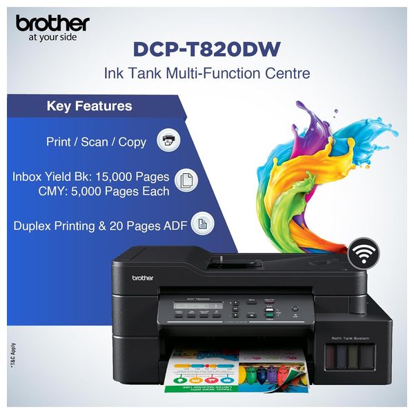 طابعة برذر DCP-T820DW - طابعة خزان حبر متعددة الإمكانات - عالية السرعة، طباعة على الوجهين - طباعة سلكية/لاسلكية ومتنقلة -  أسود