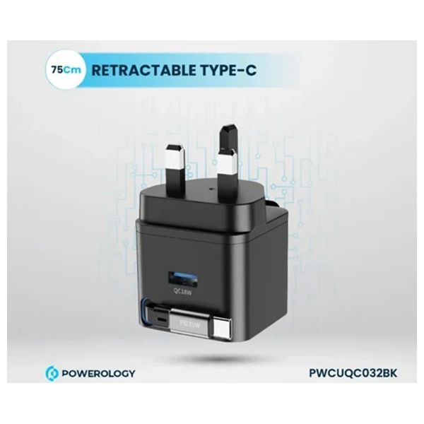  شاحن جداري باورولوجي - منفذ مزدوج - 35 واط - مع كيبل قابل للسحب - أسود 