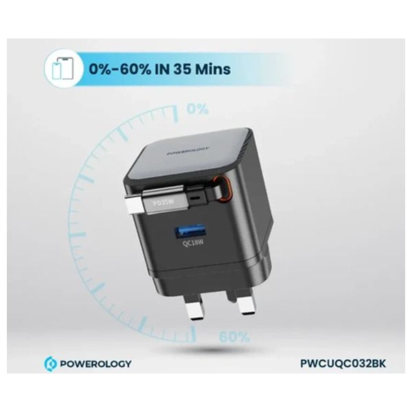  شاحن جداري باورولوجي - منفذ مزدوج - 35 واط - مع كيبل قابل للسحب - أسود 