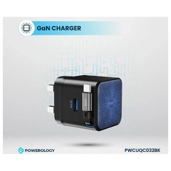  شاحن جداري باورولوجي - منفذ مزدوج - 35 واط - مع كيبل قابل للسحب - أسود 