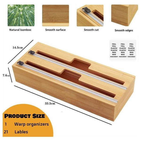 Bamboo Kitchen Wrap Organizer with Slide Cutter - Wood