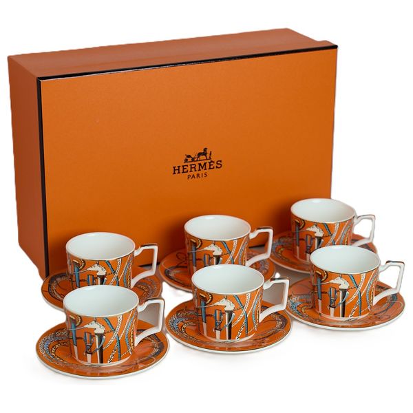  فناجين قهوة مع صحون هيرميس - 6 قطع - CC-05 - برتقالي 