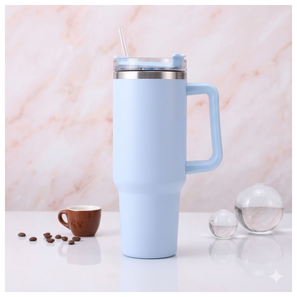  Cup Art Insulated Thermal Mug with Handle & Straw - 1.2L - Blue 