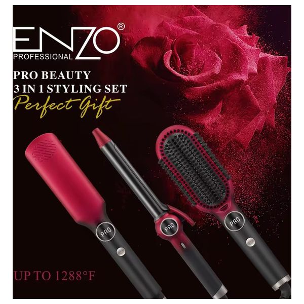  إنزو مجموعة تصفيف الشعر المتكامل برو 3 في 1 - فرشاة أيونية ومكواة فرد وتجعيد - ماروني 