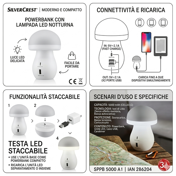  Silver Crest Mushroom Power Bank - 5000mAh - 2.1A - 2 Ports - White 