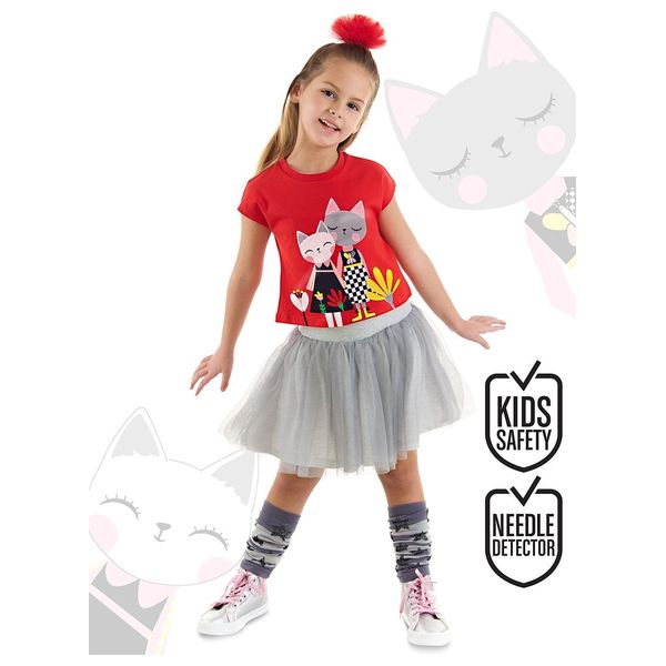 طقم تيشيرت وتنورة تول بطبعة قطط للبنات - 7 سنوات