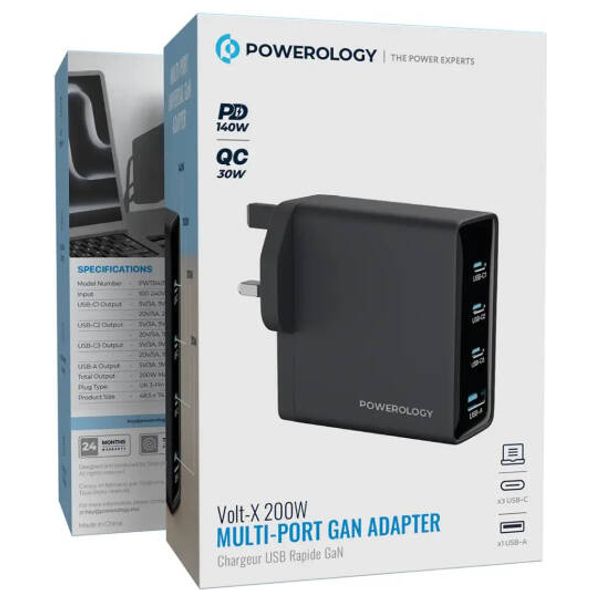  Powerology PWTR407DBK - Wall Charger - 4-in-1 Charging Ports - Black 