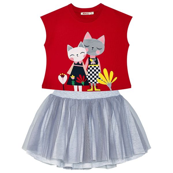 طقم تيشيرت وتنورة تول بطبعة قطط للبنات - 5 سنوات