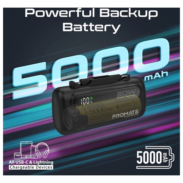  باور بانك بروميت - 5000 مللي امبير - بشحن 20 واط -  كيبل يو اس بي سي ولايتينغ مدمجين - اسود 