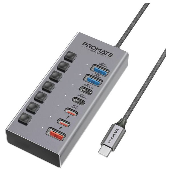 Promate 7-in-1 Multi-Port USB Hub - 10Gbps Fast Charging - Gray