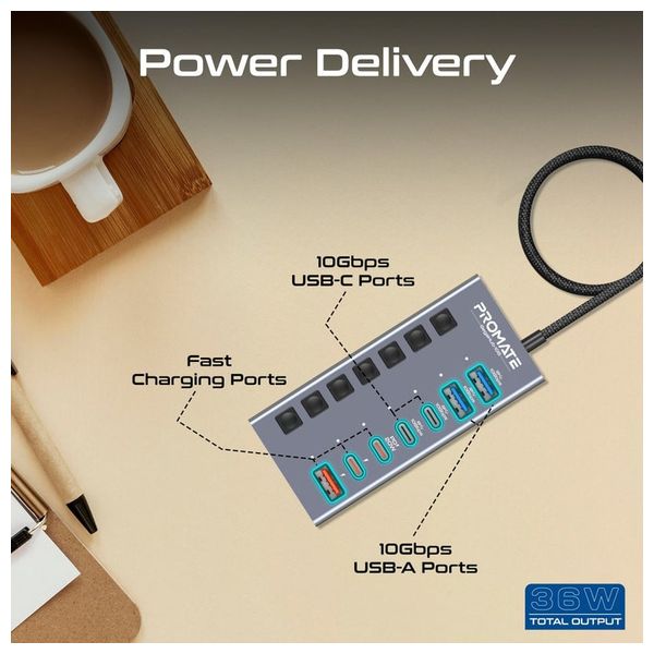 Promate 7-in-1 Multi-Port USB Hub - 10Gbps Fast Charging - Gray