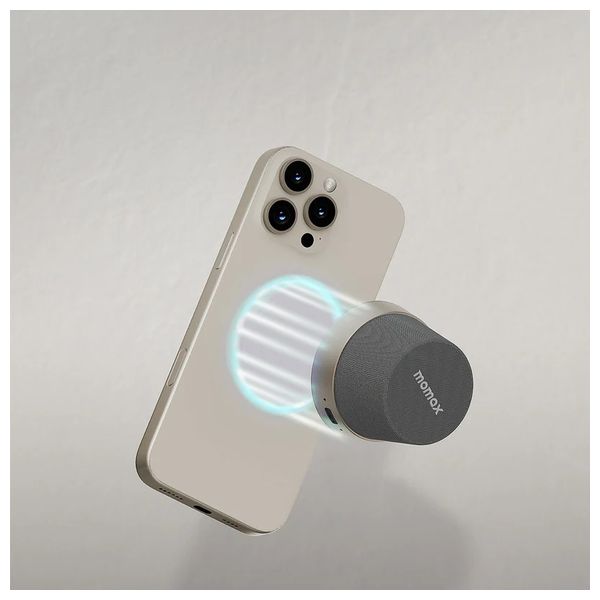  مكبر صوت لاسلكي محمول موماكس - تثبيت مغناطيسي - تقنية TWS - مقاوم للماء IPX6 - بطارية 12 ساعة - رمادي 