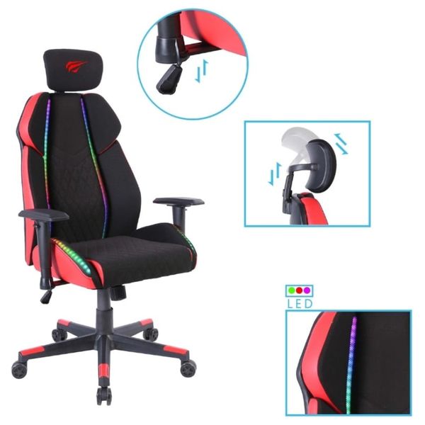  Havit GC938 Gaming Chair - Built-in LED Lighting - Adjustable Armrests - High-Density Foam - Red 