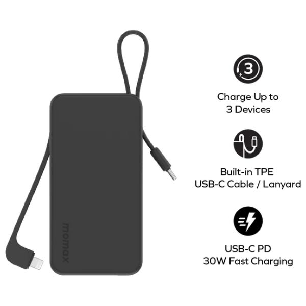  Momax Power Bank - 10000mAh Capacity - Built-in USB-C & Lightning Cable - 30W Power - Digital Display - Black 