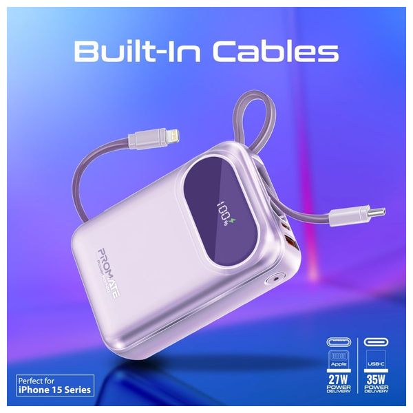  باور بانك بروميت - 20000 مللي امبير - بقوة 35 واط -  كيبل يو اس بي سي و لايتينغ - بنفسجي 