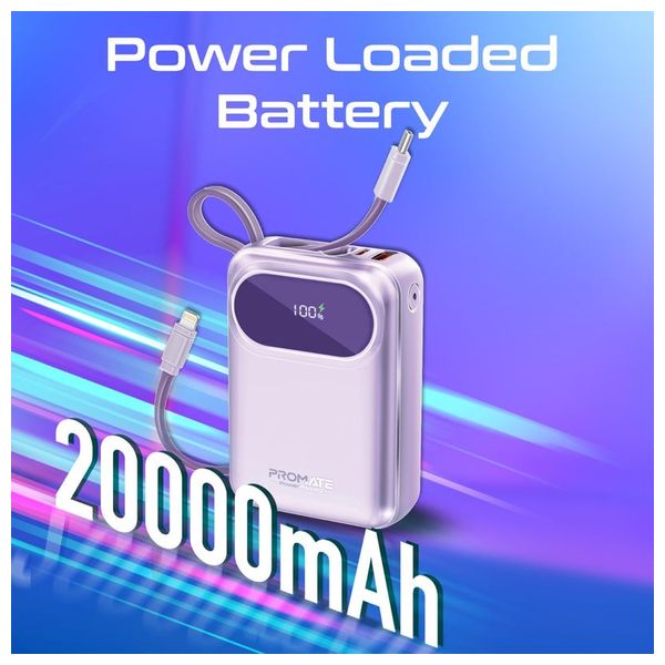  باور بانك بروميت - 20000 مللي امبير - بقوة 35 واط -  كيبل يو اس بي سي و لايتينغ - بنفسجي 