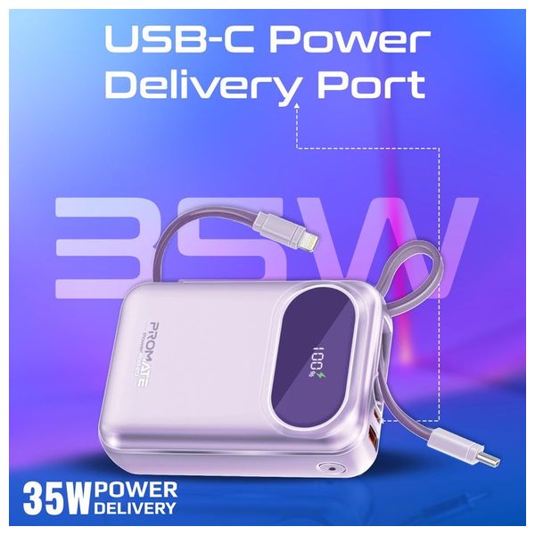  باور بانك بروميت - 20000 مللي امبير - بقوة 35 واط -  كيبل يو اس بي سي و لايتينغ - بنفسجي 