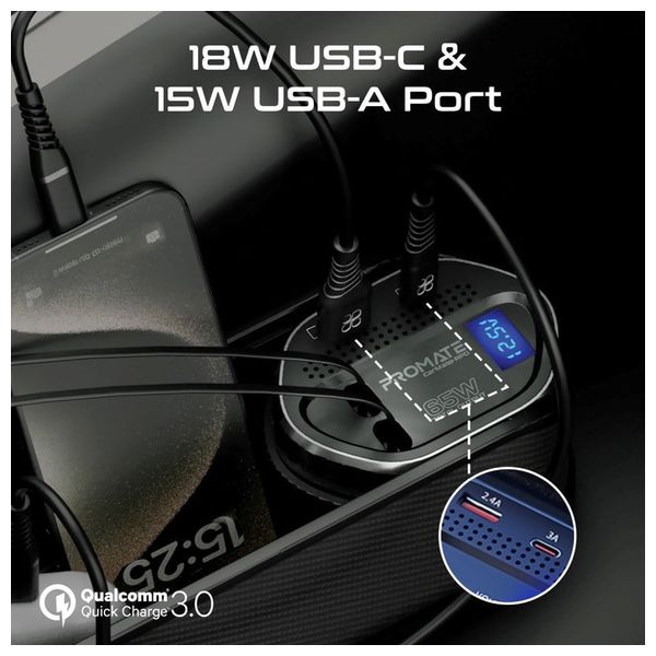  Promate Car Charger - 65W - USB-C & Lightning Cable - Black 