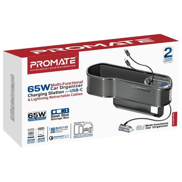  Promate Car Charger - 65W - USB-C & Lightning Cable - Black 