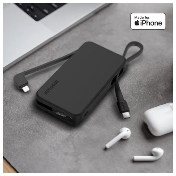  Momax Power Bank - 10000mAh Capacity - Built-in USB-C & Lightning Cable - 30W Power - Digital Display - Black 