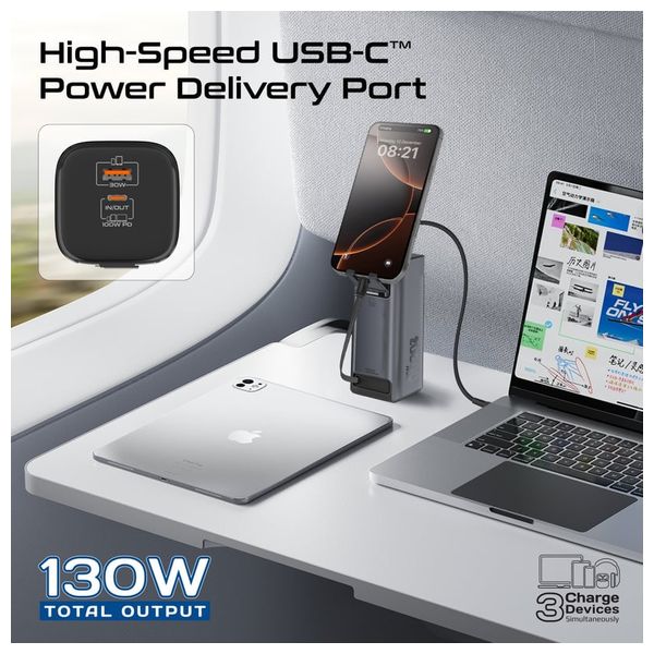 باور بانك بروميت - متعدد المنافذ 130 واط - بسعة 20000 مللي امبير - كيبل يو اس بي سي  قابل للسحب - شاشة TFT LCD