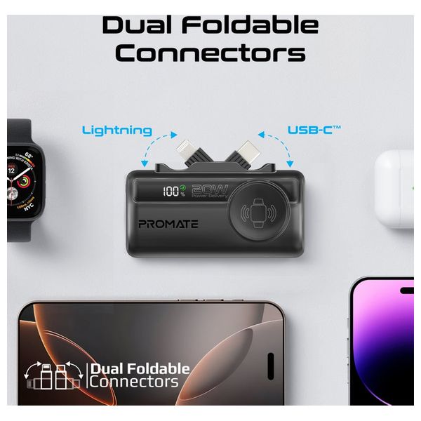 باور بانك بروميت - 5000 مللي امبير - صغير بشحن 20 واط - يو اس بي سي ولايتينغ مدمج وشاحن ساعة ابل - اسود