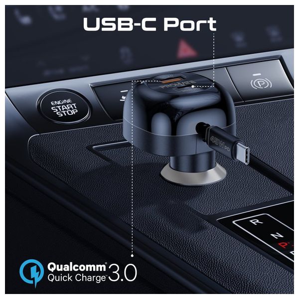  Promate Car Charger - 62W - USB-C Cable - Black 