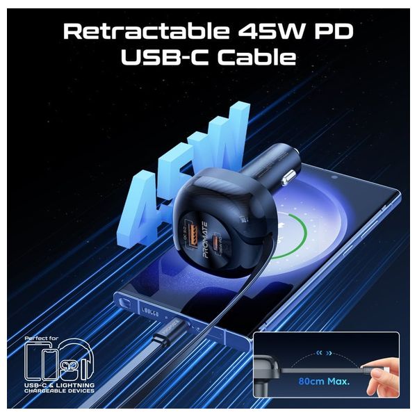  Promate Car Charger - 62W - USB-C Cable - Black 