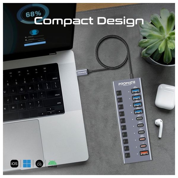 Promate 10-in-1 Multi-Port USB Hub - 5Gbps ​​- Fast Charging - Gray