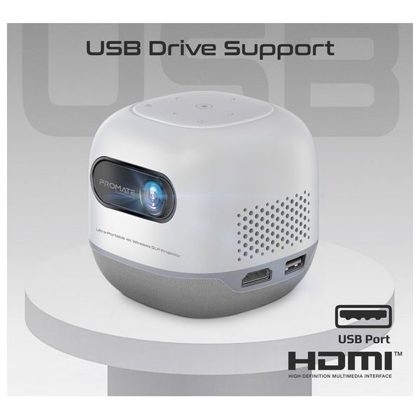  جهاز عرض بروميت -  لاسلكي - شاشة عرض حتى 200 انج - تقنية DLP - دقة 4K المدعومة - 8400 مللي أمبير - وقت تشغيل حتى 3 ساعات - ابيض 