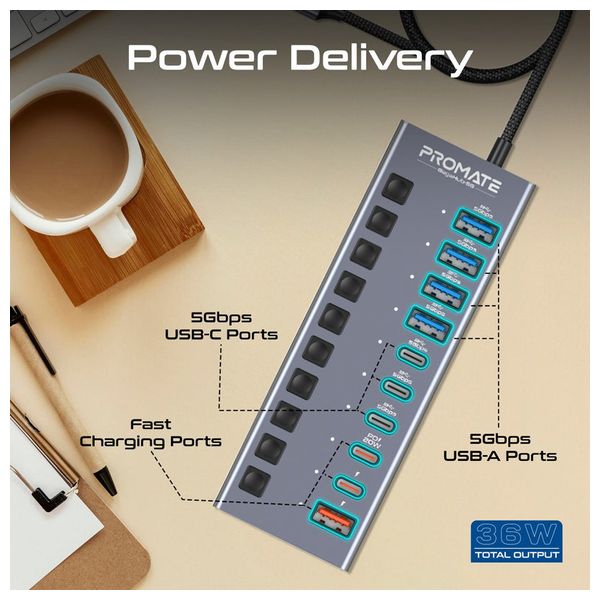 Promate 10-in-1 Multi-Port USB Hub - 5Gbps ​​- Fast Charging - Gray