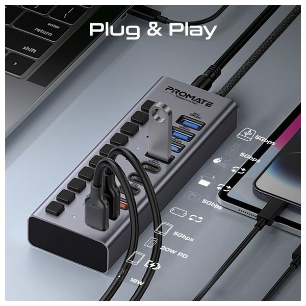 Promate 10-in-1 Multi-Port USB Hub - 5Gbps ​​- Fast Charging - Gray