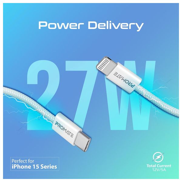  Promate USB-C to Lightning Charging Cable - 27W - 1.2m - White 